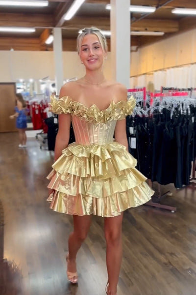 Gold Off the Shoulder Tiered Homecoming Dresses with Ruffles DM24080310