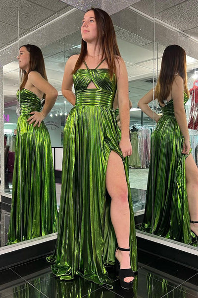 Sage Green Halter Keyhole Long Prom Dresses with Slit MD121105