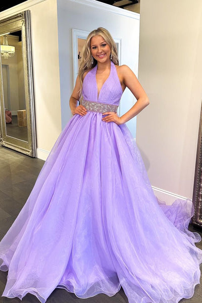 A-Line Halter Lilac Organza Long Prom Dresses with Beadings MD4013005