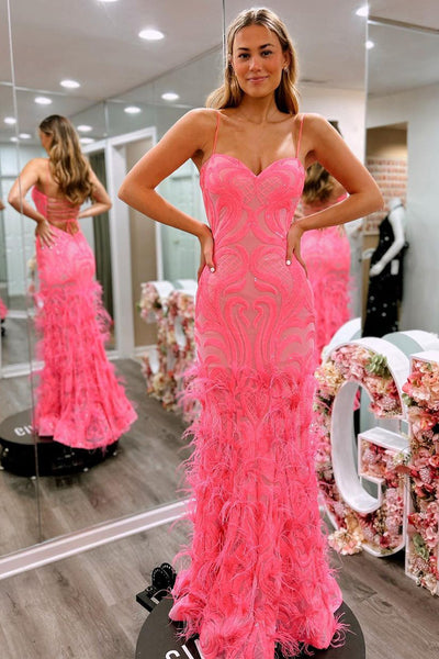 Pink Sweetheart Sequins Lace Long Prom Dresses with Feather MD4020204
