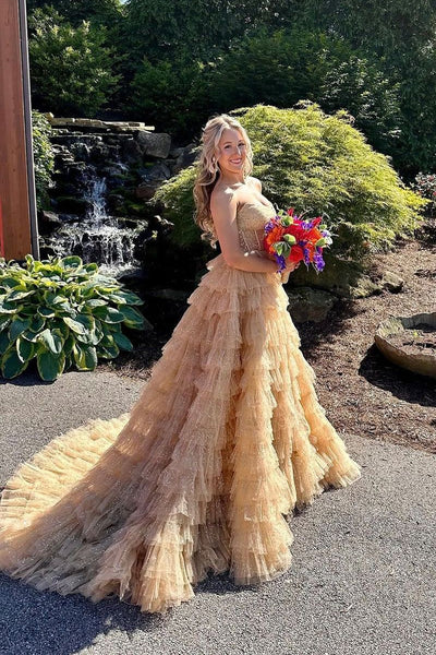 Ball Gown Strapless Gold Tiered Tulle Long Prom Dress MD4053002