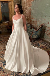 Simple Wide Straps Ivory Wedding Gown with Pockets LD3061905