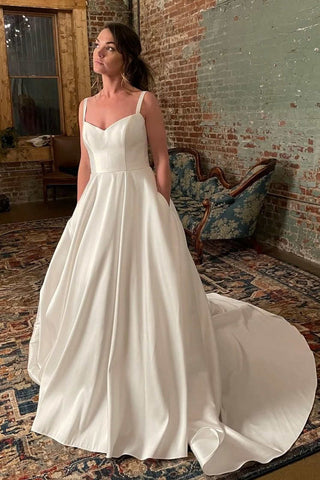 Simple Wide Straps Ivory Wedding Gown with Pockets LD3061905