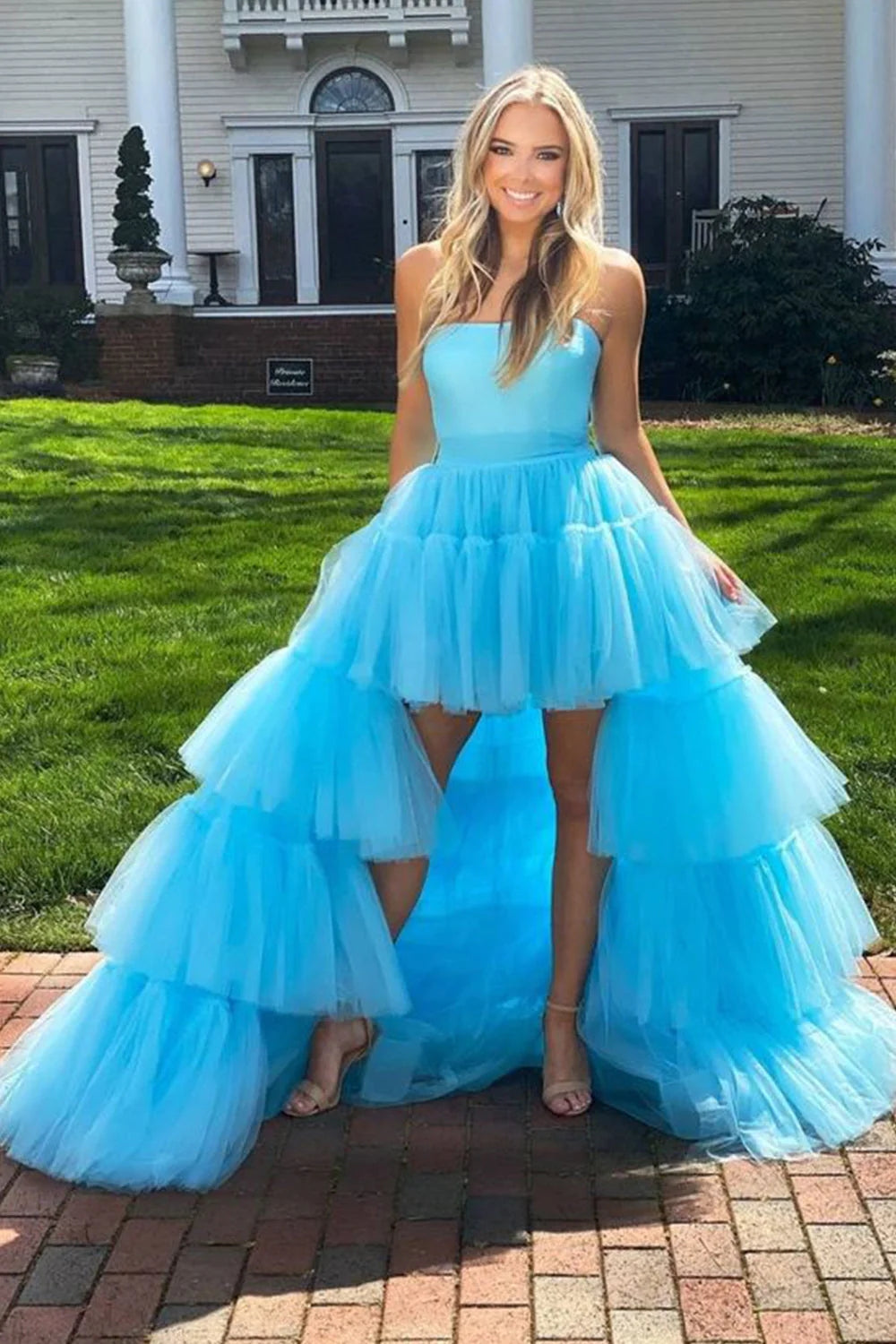 Blue A-Line High Low Strapless Prom Dress with Ruffles DM3082809