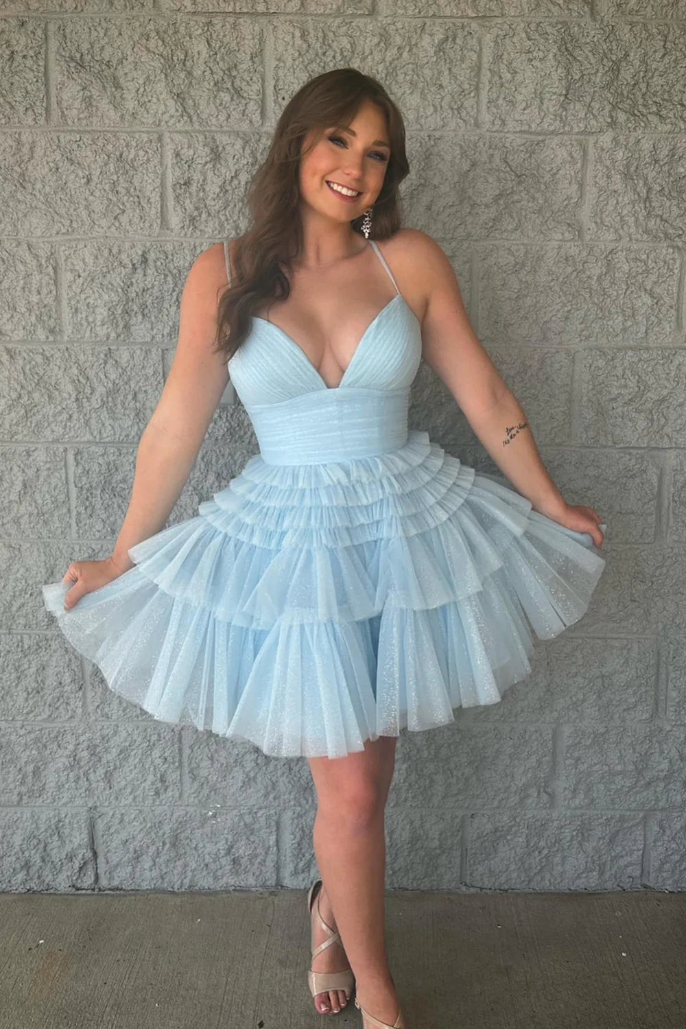 Sparkly Light Blue A-Line Tulle Tiered Short Homecoming Dress MD090303