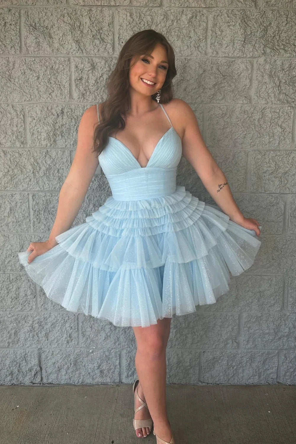 Sparkly Light Blue A-Line Tulle Tiered Short Homecoming Dress MD090303 Dressmeet Sparkly Light Blue A-Line Tulle Tiered Short Homecoming Dress MD090303 Dressmeet