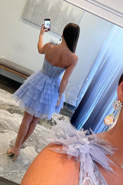 Charming One Shoulder Blue Ruffle Tiered Tulle Short Homecoming Dresses DM4070402