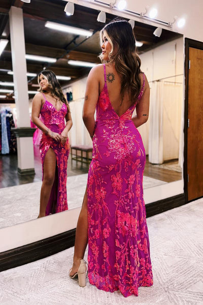 Mermaid V Neck Fuchsia Sequin Lace Long Prom Dresses with Slit MD4010502