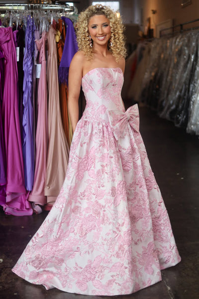 Gorgeous Ball Gown Strapless Jacquard Satin Prom Dress with Bow DM52122208