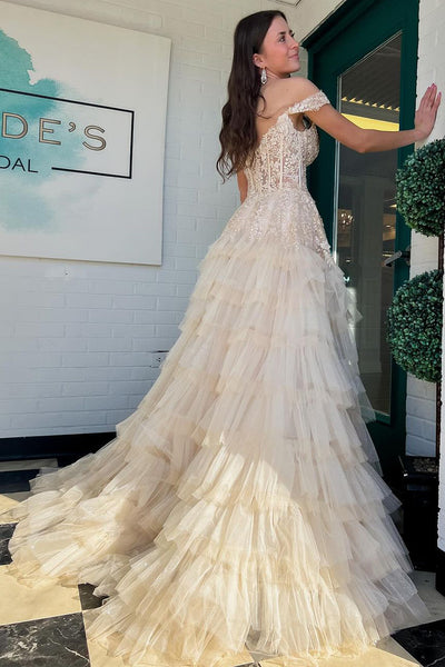 A-Line Off the Shoulder Champagne Ruffle Tiered Tulle Long Prom Dress MD4021505