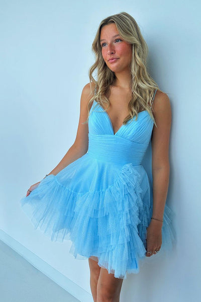 Cute Light Blue V Neck Tulle Short Homecoming Dresses DM091208