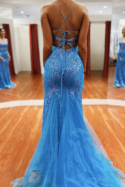 Mermaid Scoop Neck Light Blue Sequins Lace Long Prom Dresses MD4011703