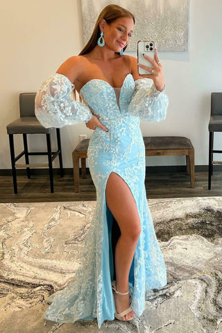 Light Blue Lace Strapless Puff Sleeve Long Prom Dress MD092705