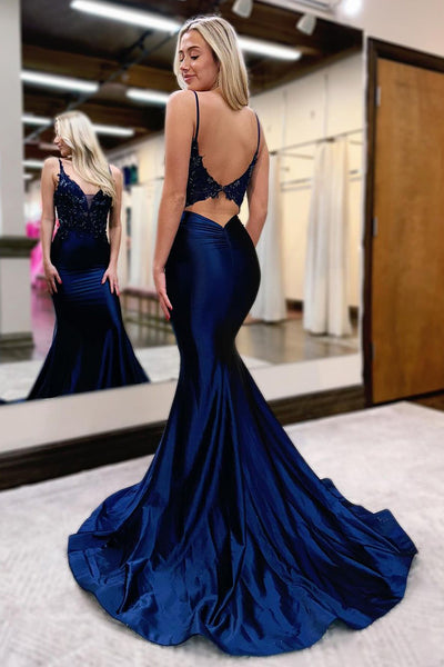 Navy Blue V Neck Mermaid Long Prom Dress with Appliques MD4012602