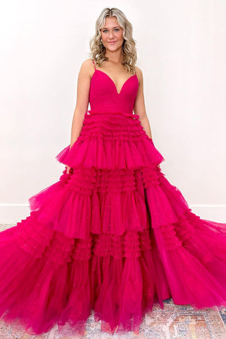 Princess A-Line V Neck Fuchsia Ruffle Tiered Long Prom Dress with Slit MD4032703