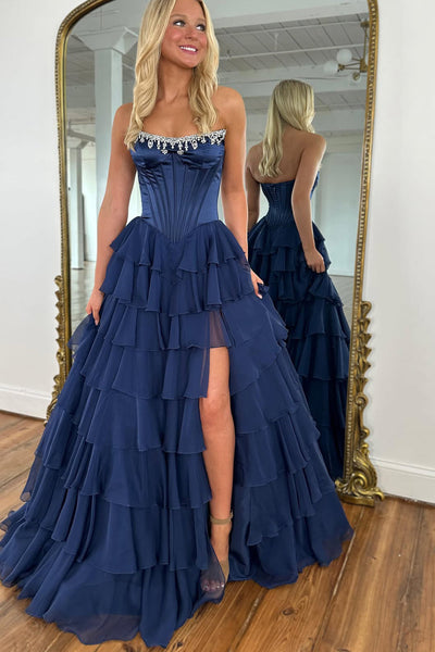 Cute A Line Scoop Neck Navy Chiffon Tiered Prom Dress with Slit DM26011502