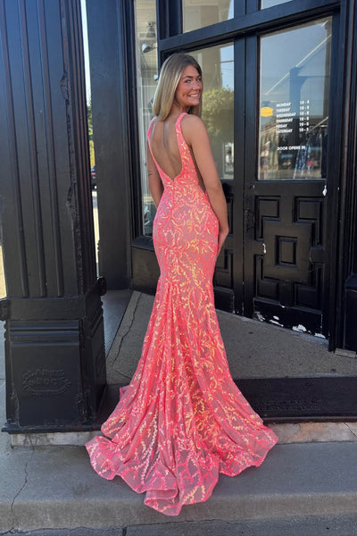 Sparkly Mermaid Deep V Neck Coral Sequin Lace Prom Dress DM52112502