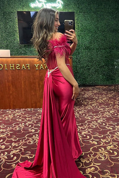 Dark Red Off the Shoulder Satin Long Prom Dress with Feather MD4011002