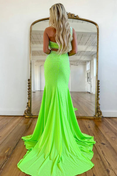 Green One Shoulder Beaded Satin Mermaid Long Prom Dress MD4042302