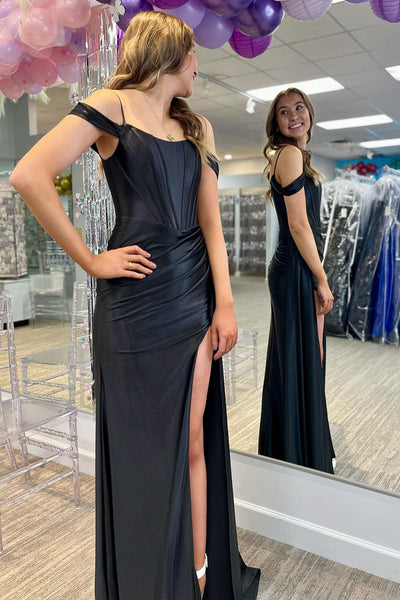 Mermaid Cold Shoulder Black Satin Long Prom Dress with Slit MD4020502