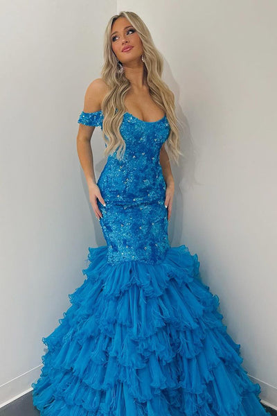 Dazzling Mermaid Off the Shoulder Sequins Long Prom Dresses with Ruffles MD4062313