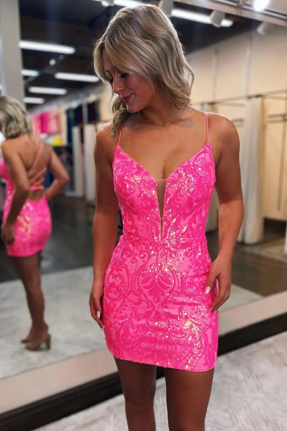 Sparkly Hot Pink Sequins Lace-Up Back Tight Short Homecoming Dress LD30802608 Dressmeet Sparkly Hot Pink Sequins Lace-Up Back Tight Short Homecoming Dress LD30802608 Dressmeet