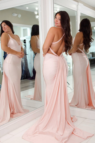 Mermaid V Neck Blush Pink Elastic Satin Long Prom Dress DM1111404