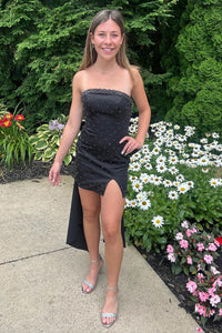 Black Bodycon Strapless Beaded Short Homecoming Dresses with Bow DM24073007