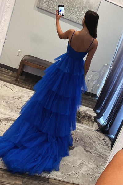 A-Line Keyhole Royal Blue Ruffle Tiered Tulle Long Prom Dresses MD4022202