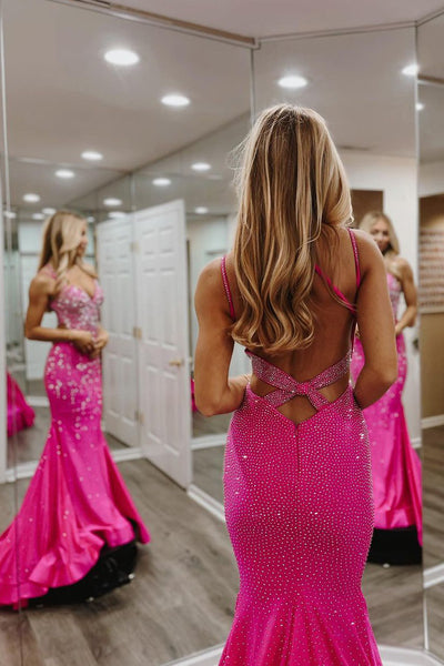 Hot Pink V Neck Satin Mermaid Long Prom Dresses with Beaded MD120902