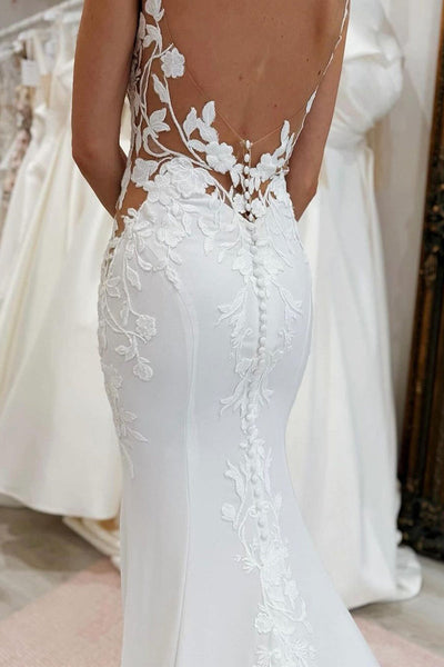 Mermaid V Neck Satin Appliques Wedding Dresses DM4072503