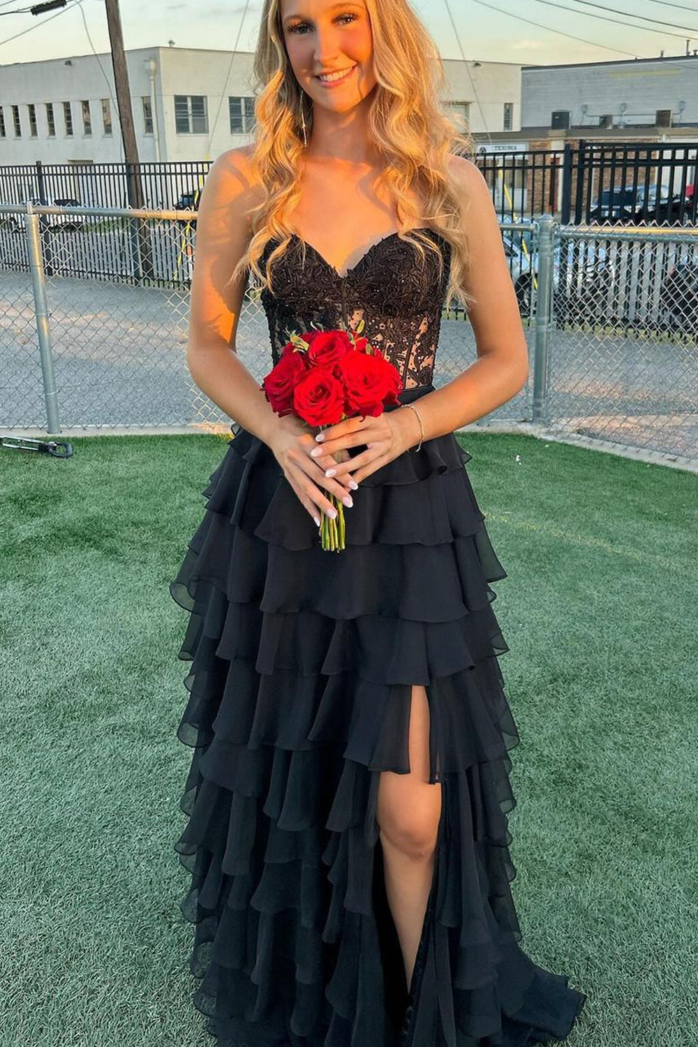 Cute A Line Sweetheart Black Chiffon Tiered Long Prom Dresses with Slit MD24100509 Dressmeet Cute A Line Sweetheart Black Chiffon Tiered Long Prom Dresses with Slit MD24100509 Dressmeet