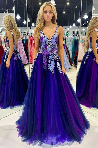 Purple Tulle Appliques V-Neck Open Back Long Prom Dress MD112005