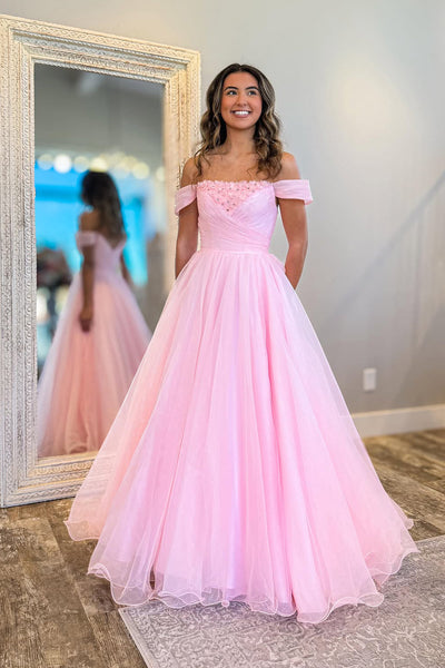 Ball Gown Off the Shoulder Pink Tulle Prom Dress with Pockets DM52120103