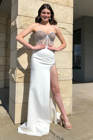 Mermaid Sweetheart Beaded White Corset Prom Dress with Slit DM3082827