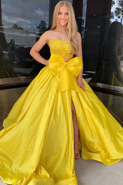 Two Piece Strapless Yellow Satin Appliques Long Prom Dresses with Bow MD4030805