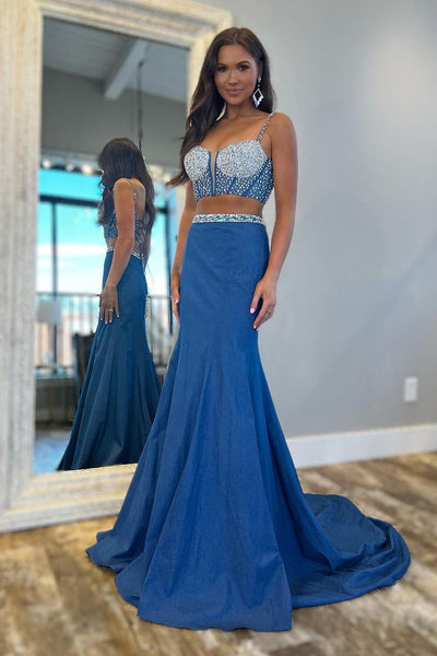 Two Piece Blue Beaded Long Prom Dress MD4021103