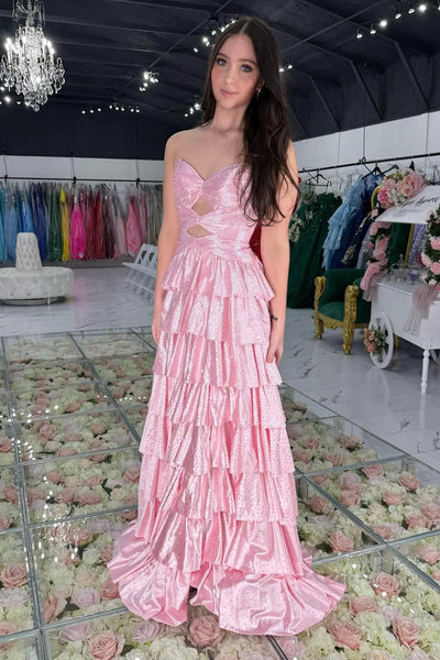 Cute A Line Sweetheart Pink Hot Fix Satin Tiered Prom Dress DM26011303