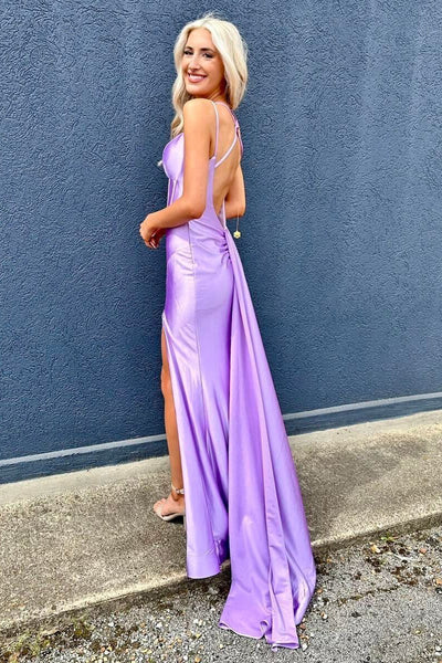 Lilac V Neck Satin Mermaid Long Prom Dress with Slit MD4042903