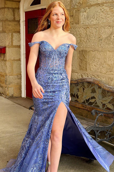 Periwinkle Off the Shoulder Lace Appliques Long Prom Dress with Slit MD120505