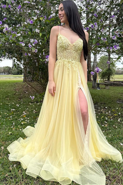 A-Line V Neck Yellow Tulle Long Prom Dresses with Appliques MD4012902
