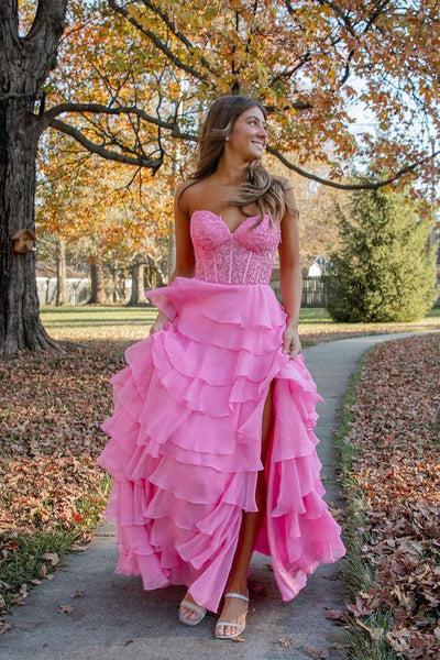 Pink Sweetheart Tiered Chiffon Long Prom Dress with Appliques MD4012605