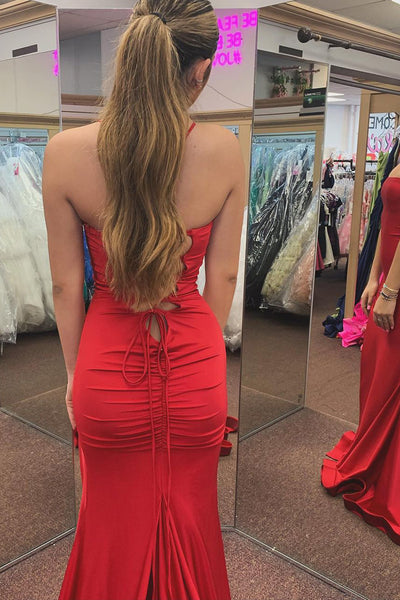 Red Spaghetti Straps Satin Mermaid Long Prom Dress with Slit MD4030503