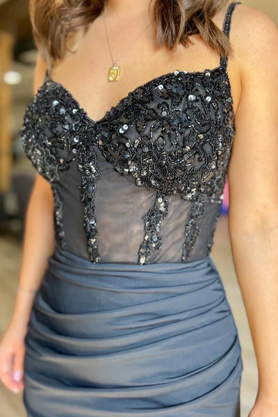 Glitter Black Corset Satin Asymmetrical Tight Short Homecoming Dress with Sequins MD091402