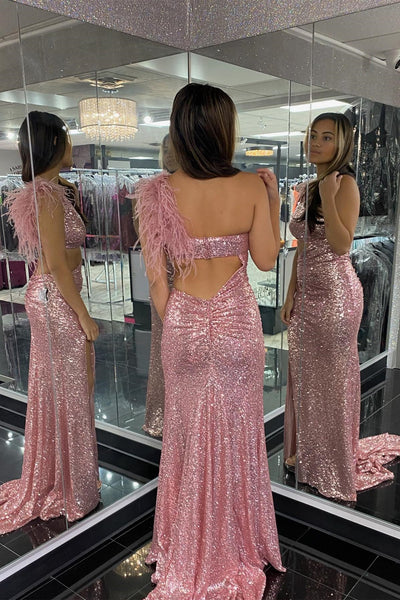Blush Pink Sequin One-Shoulder Cutout Feathers Mermaid Long Prom Dress MD121204