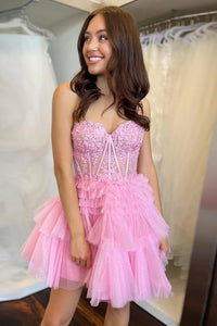 Cute A Line Sweetheart Light Pink Corset Homecoming Dress with Ruffles MD082906