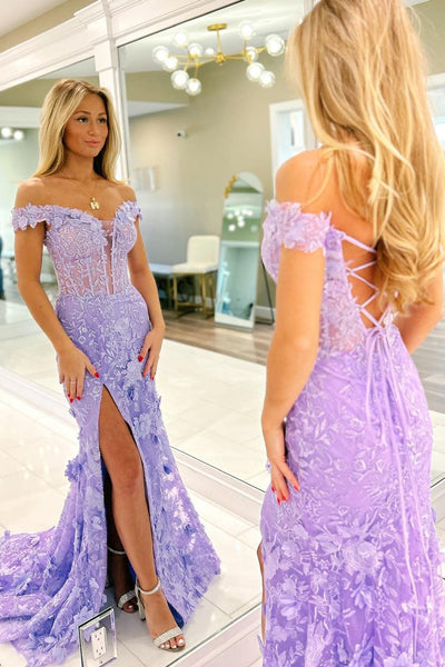 Mermaid Off the Shoulder Lavender Lace Long Prom Dresses MD4011003