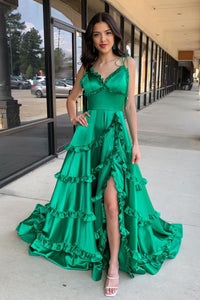 Cute  A-Line V Neck Straps Green Satin Ruffle Long Prom Dresses MD4031901