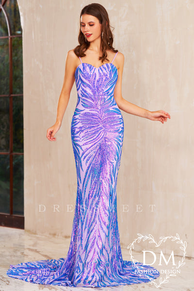Lilac Sequins Lace Spaghetti Straps Mermaid Long Prom Dress MD122103