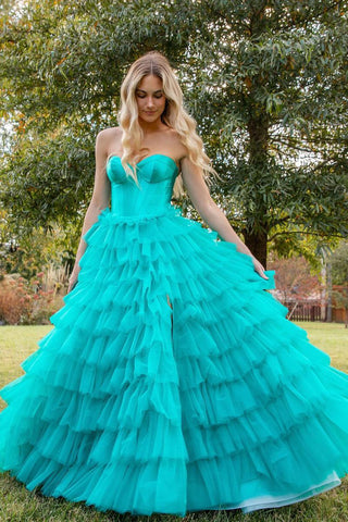 A-Line Strapless Turquoise Tulle Long Prom Dresses MD4012903